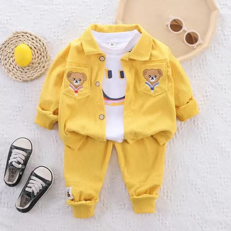 Boys Girls Baby Fashion Cute 3-Piece Coat, Pants and Long-sleeved Tops Set, New Children's Corduroy Stylish Baby Toddler Clothes 3-Piece Suit