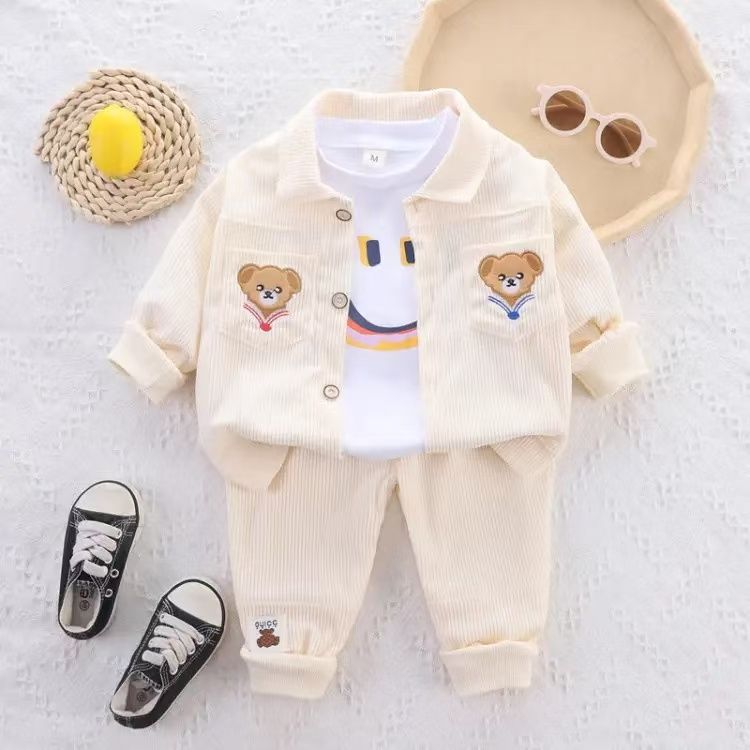 Boys Girls Baby Fashion Cute 3-Piece Coat, Pants and Long-sleeved Tops Set, New Children's Corduroy Stylish Baby Toddler Clothes 3-Piece Suit
