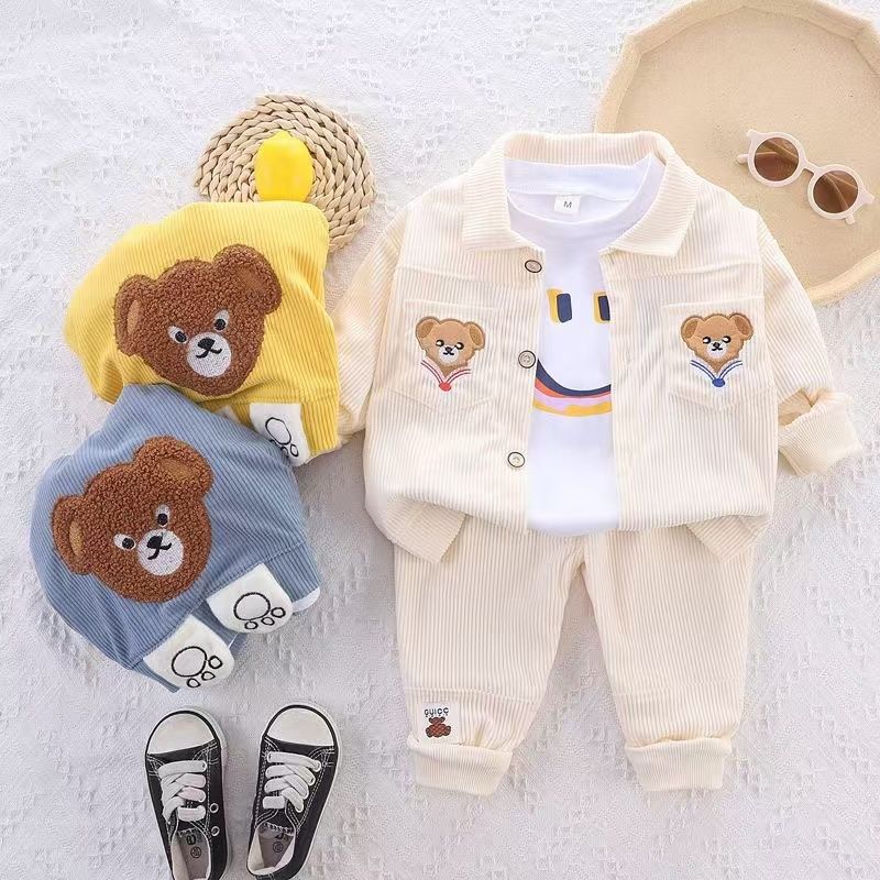 Boys Girls Baby Fashion Cute 3-Piece Coat, Pants and Long-sleeved Tops Set, New Children's Corduroy Stylish Baby Toddler Clothes 3-Piece Suit