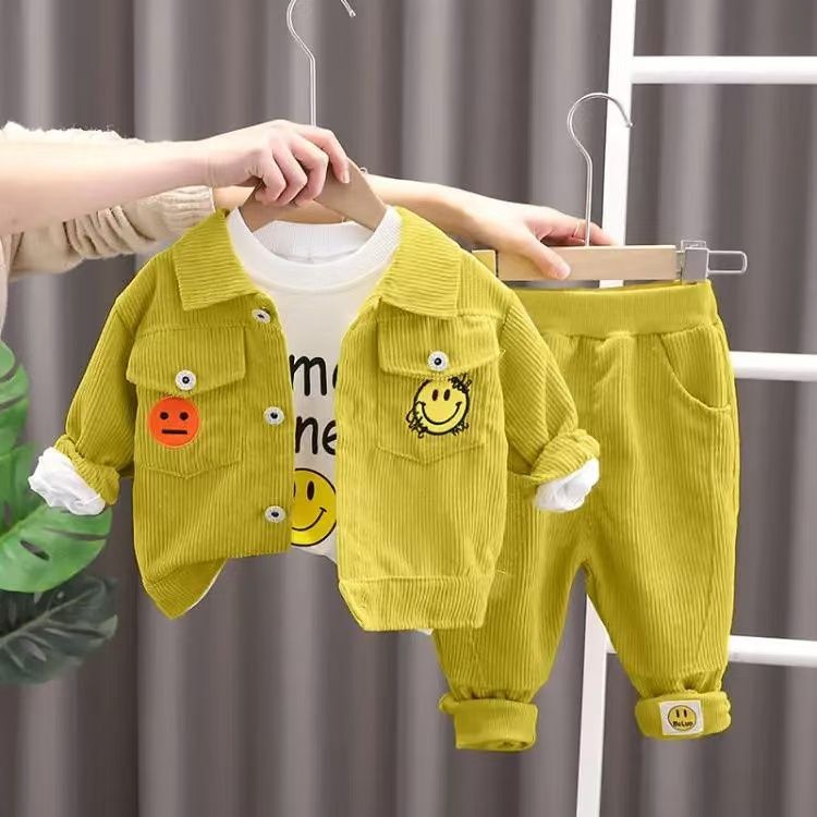 Boys Girls Baby Fashion Cute 3-Piece Coat, Pants and Long-sleeved Tops Set, New Children's Corduroy Stylish Baby Toddler Clothes 3-Piece Suit