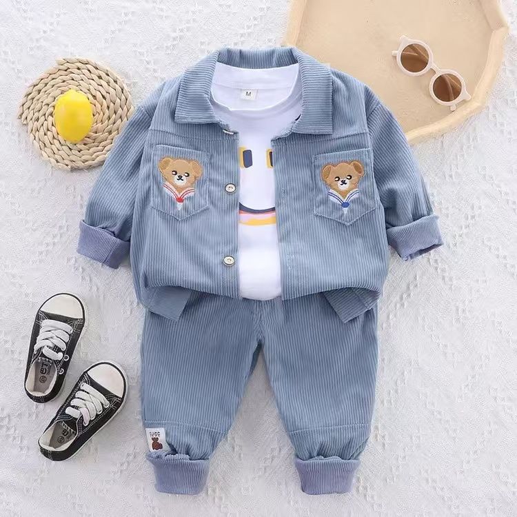 Boys Girls Baby Fashion Cute 3-Piece Coat, Pants and Long-sleeved Tops Set, New Children's Corduroy Stylish Baby Toddler Clothes 3-Piece Suit