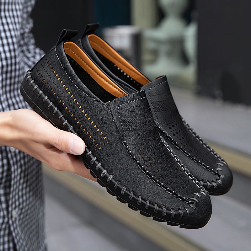 Men's Casual Hollow Loafers Slip On Leather Shoes Male Lightweight Driving Shoes Moccasins Classic Penny Loafer Flats Boat Shoes Big Size
