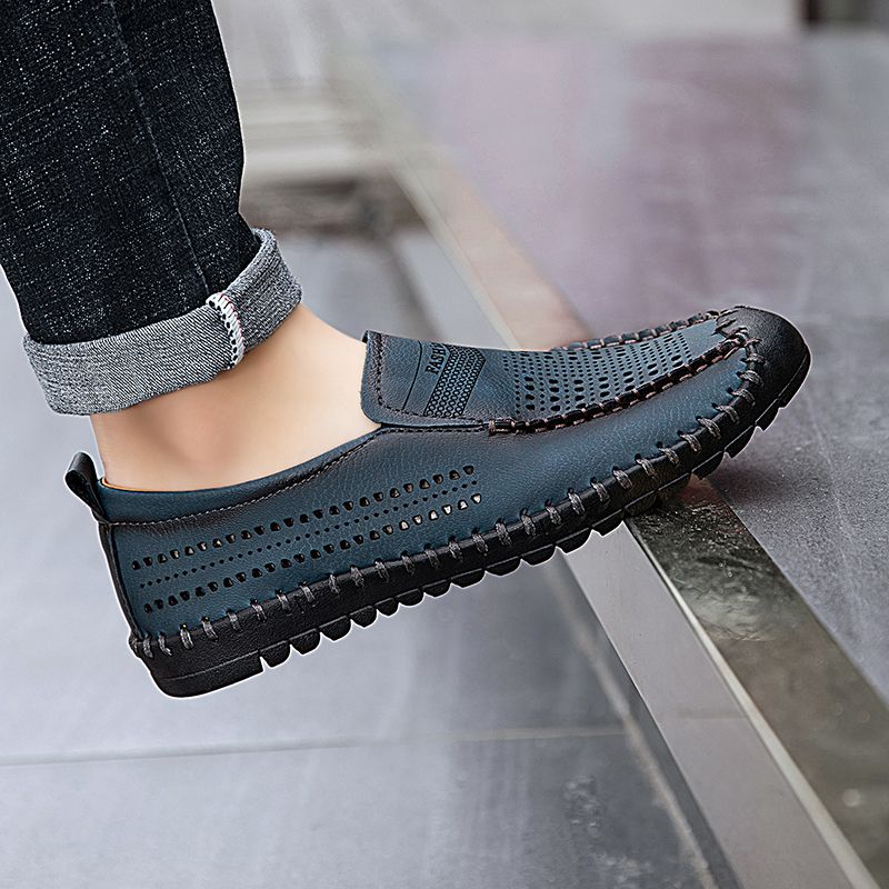 Men's Casual Hollow Loafers Slip On Leather Shoes Male Lightweight Driving Shoes Moccasins Classic Penny Loafer Flats Boat Shoes Big Size