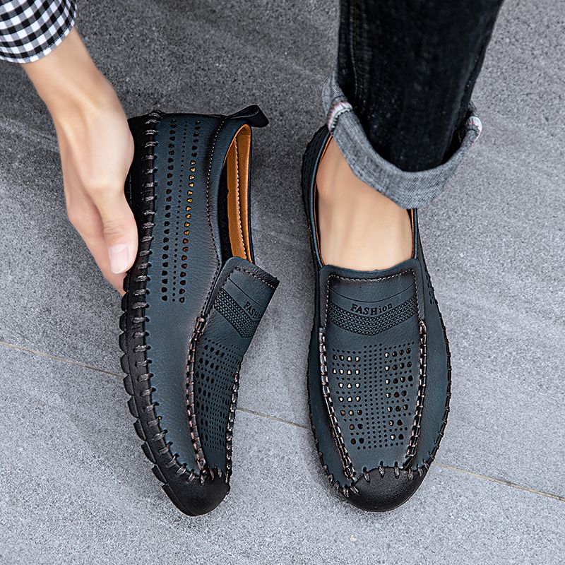 Men's Casual Hollow Loafers Slip On Leather Shoes Male Lightweight Driving Shoes Moccasins Classic Penny Loafer Flats Boat Shoes Big Size