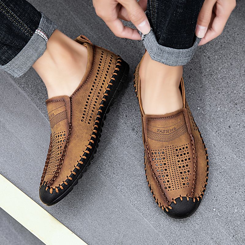 Men's Casual Hollow Loafers Slip On Leather Shoes Male Lightweight Driving Shoes Moccasins Classic Penny Loafer Flats Boat Shoes Big Size