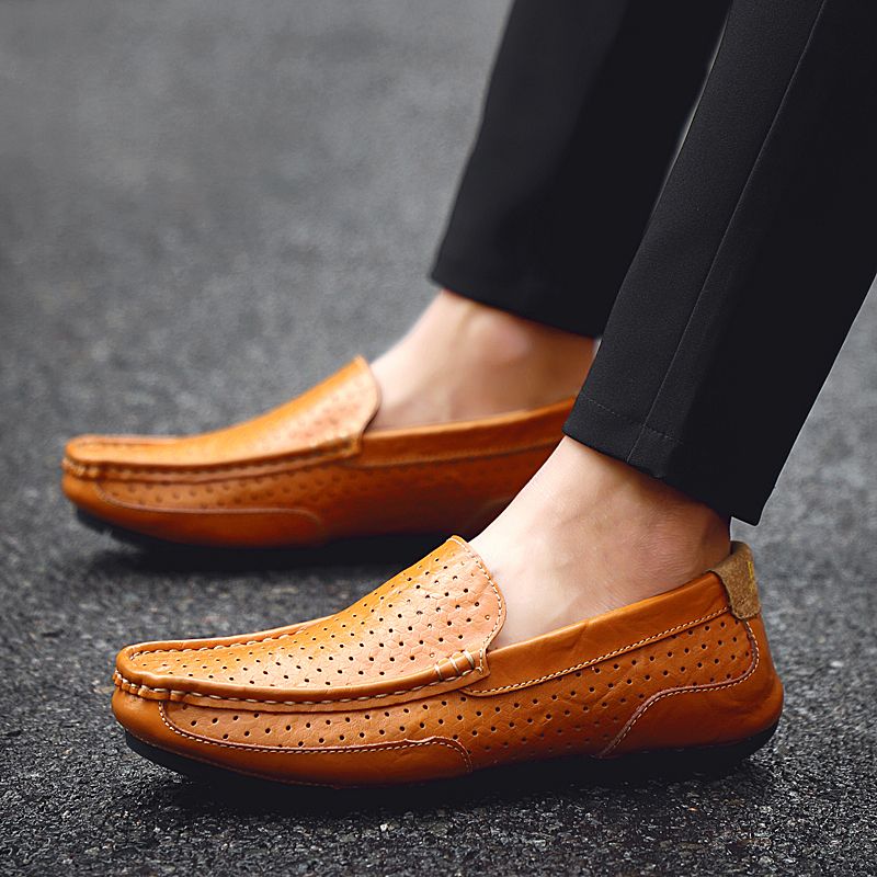Men's Casual Hollow Loafers Slip On Leather Shoes Male Lightweight Driving Shoes Moccasins Classic Penny Loafer Flats Boat Shoes