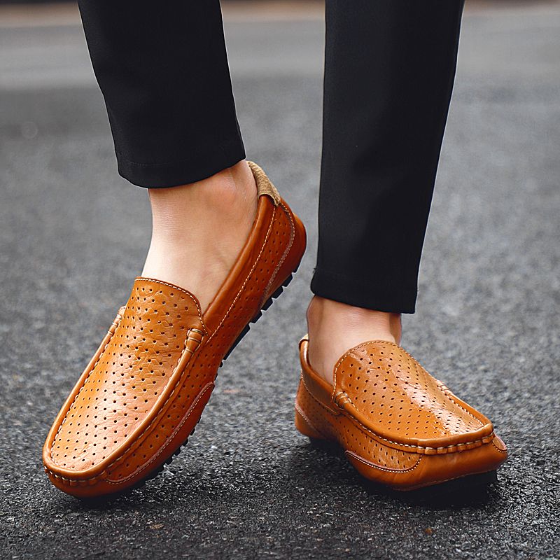 Men's Casual Hollow Loafers Slip On Leather Shoes Male Lightweight Driving Shoes Moccasins Classic Penny Loafer Flats Boat Shoes