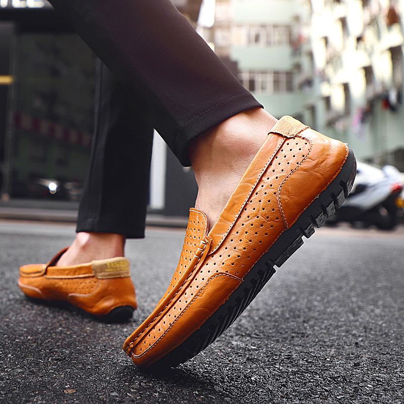 Men's Casual Hollow Loafers Slip On Leather Shoes Male Lightweight Driving Shoes Moccasins Classic Penny Loafer Flats Boat Shoes