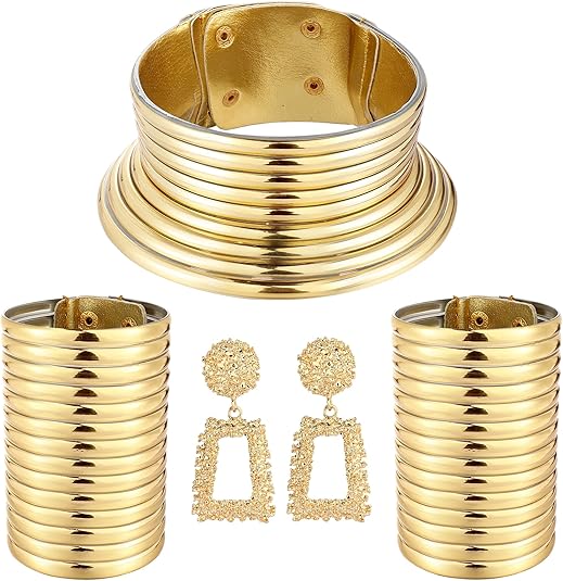 4pcs African National Jewelry for Women African Egyptian Choker Collars Gold Chunky Statement Leather Necklace Bangle Bracelet Earring Jewelry Set
