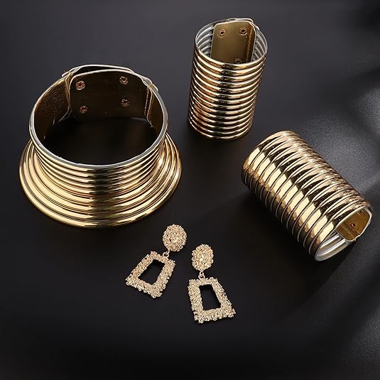 4pcs African National Jewelry for Women African Egyptian Choker Collars Gold Chunky Statement Leather Necklace Bangle Bracelet Earring Jewelry Set