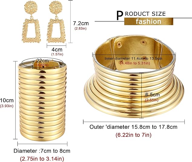 4pcs African National Jewelry for Women African Egyptian Choker Collars Gold Chunky Statement Leather Necklace Bangle Bracelet Earring Jewelry Set