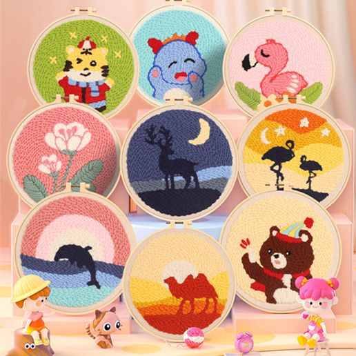 1PC Punch Needle Embroidery Starter Kits, Rug Hooking Kit for Kids and Adults Beginners, Handcraft Punch Needle Kits with Embroidery Hoops, Animal and Flowers Pattern