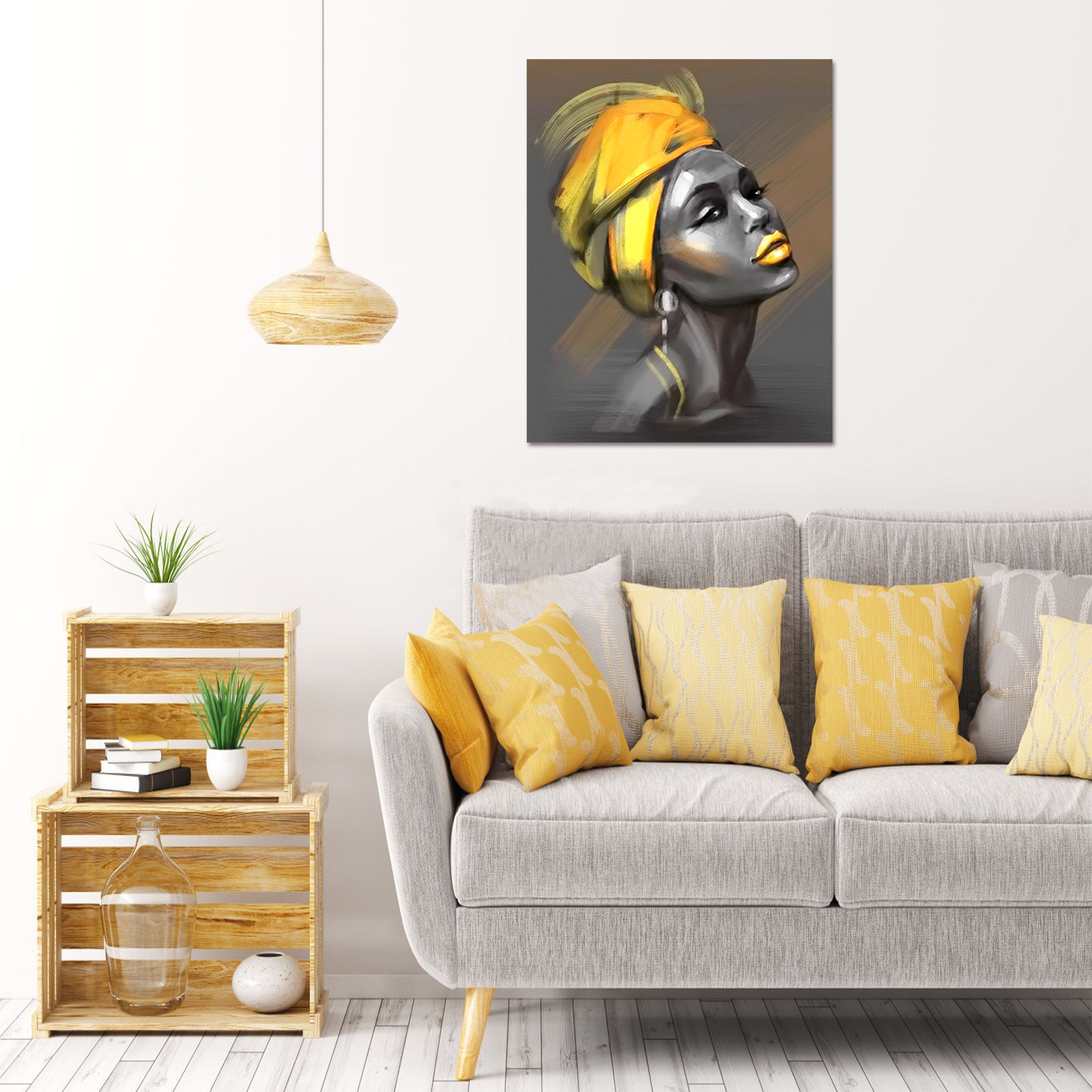 Modern Yellow and Grey Canvas Wall Decor Beautiful Woman with Yellow Turban on Grey Abstract Background Painting Picture for Living Room Bedroom, Ready to Hang, 30X40cm