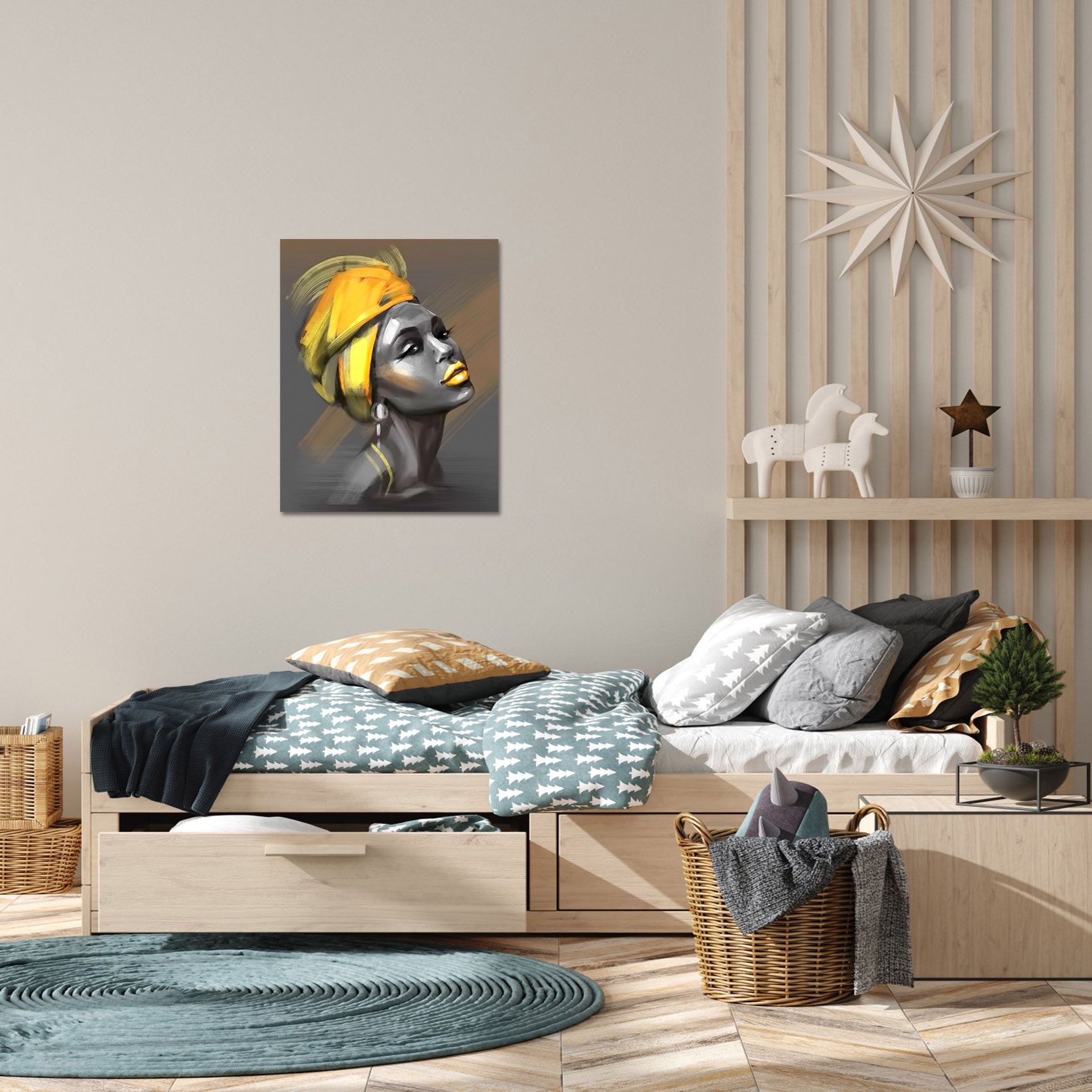 Modern Yellow and Grey Canvas Wall Decor Beautiful Woman with Yellow Turban on Grey Abstract Background Painting Picture for Living Room Bedroom, Ready to Hang, 30X40cm
