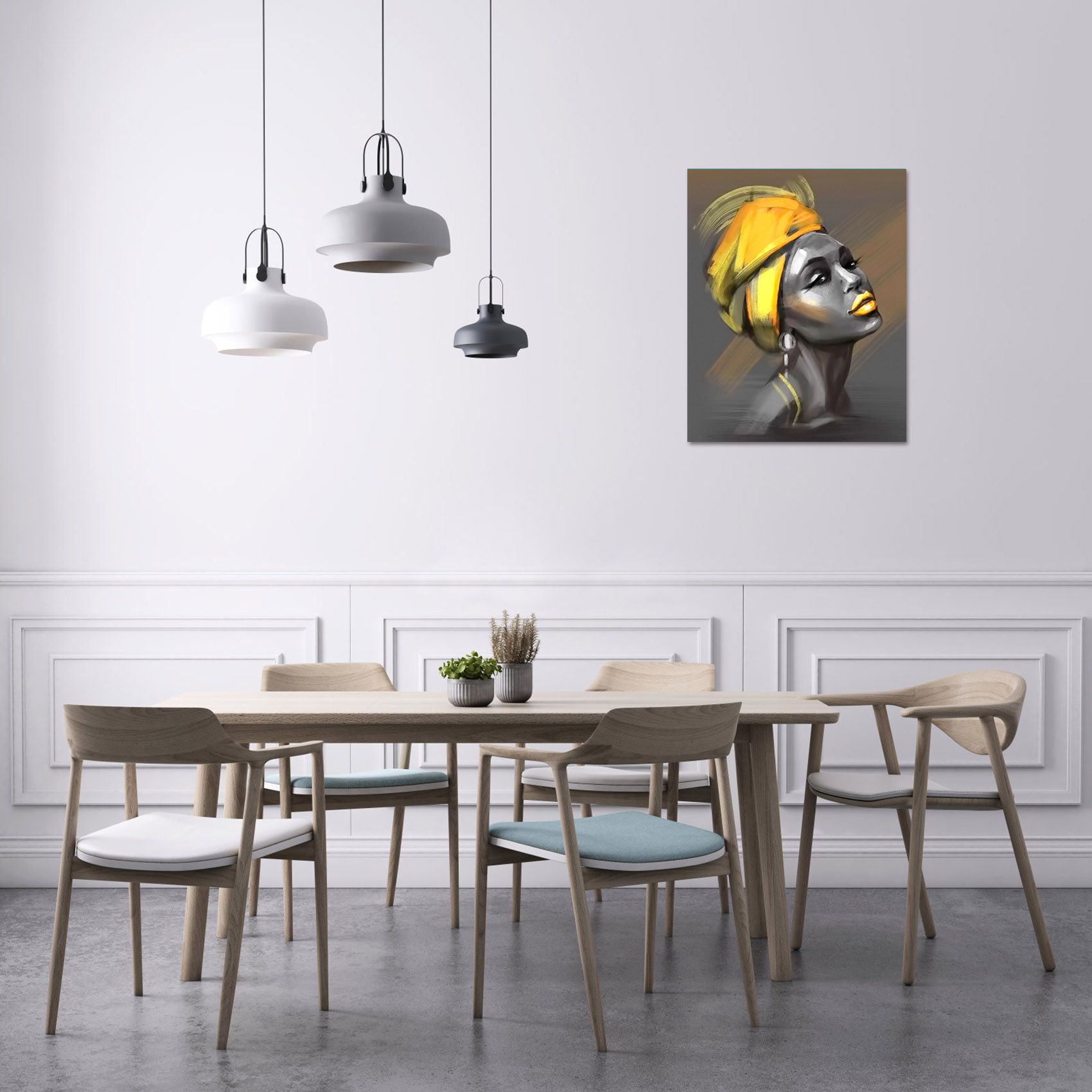 Modern Yellow and Grey Canvas Wall Decor Beautiful Woman with Yellow Turban on Grey Abstract Background Painting Picture for Living Room Bedroom, Ready to Hang, 30X40cm