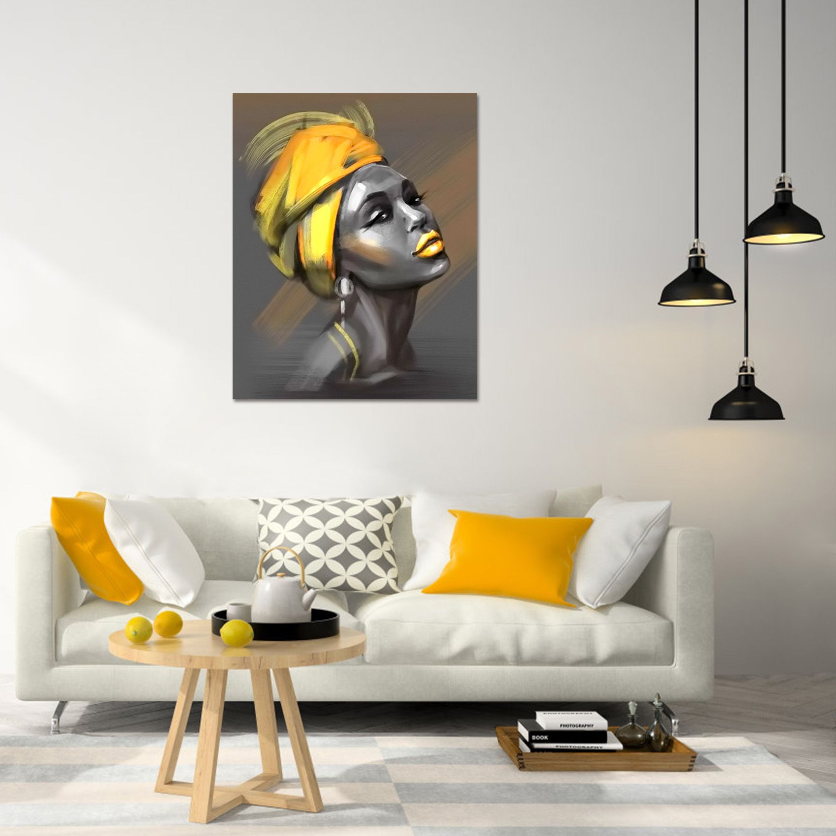 Modern Yellow and Grey Canvas Wall Decor Beautiful Woman with Yellow Turban on Grey Abstract Background Painting Picture for Living Room Bedroom, Ready to Hang, 30X40cm