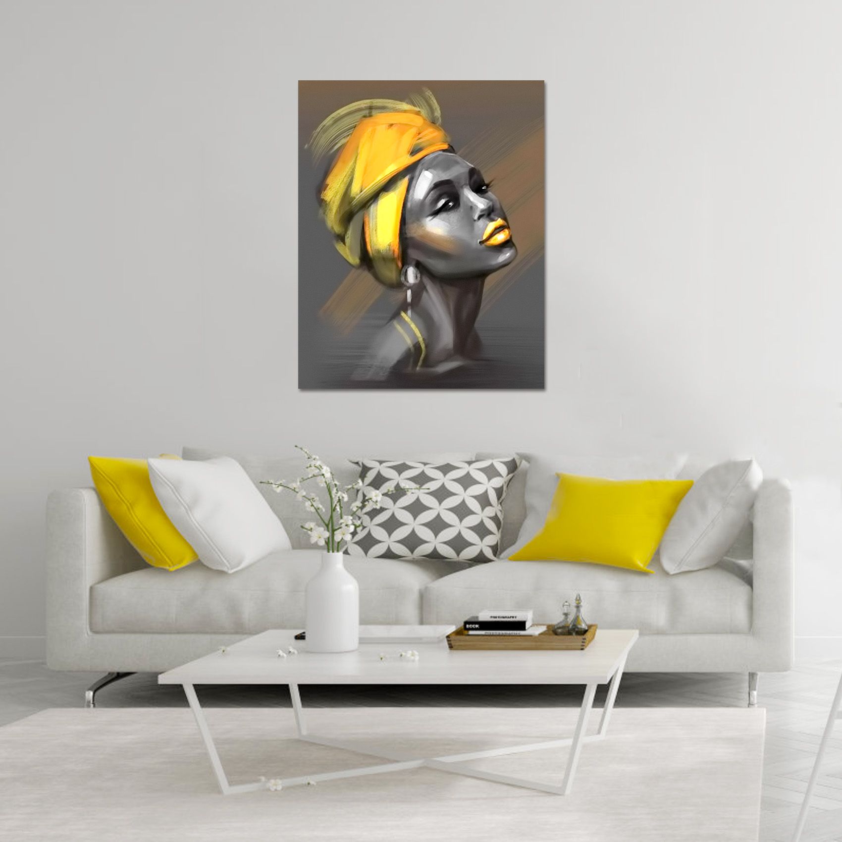 Modern Yellow and Grey Canvas Wall Decor Beautiful Woman with Yellow Turban on Grey Abstract Background Painting Picture for Living Room Bedroom, Ready to Hang, 30X40cm