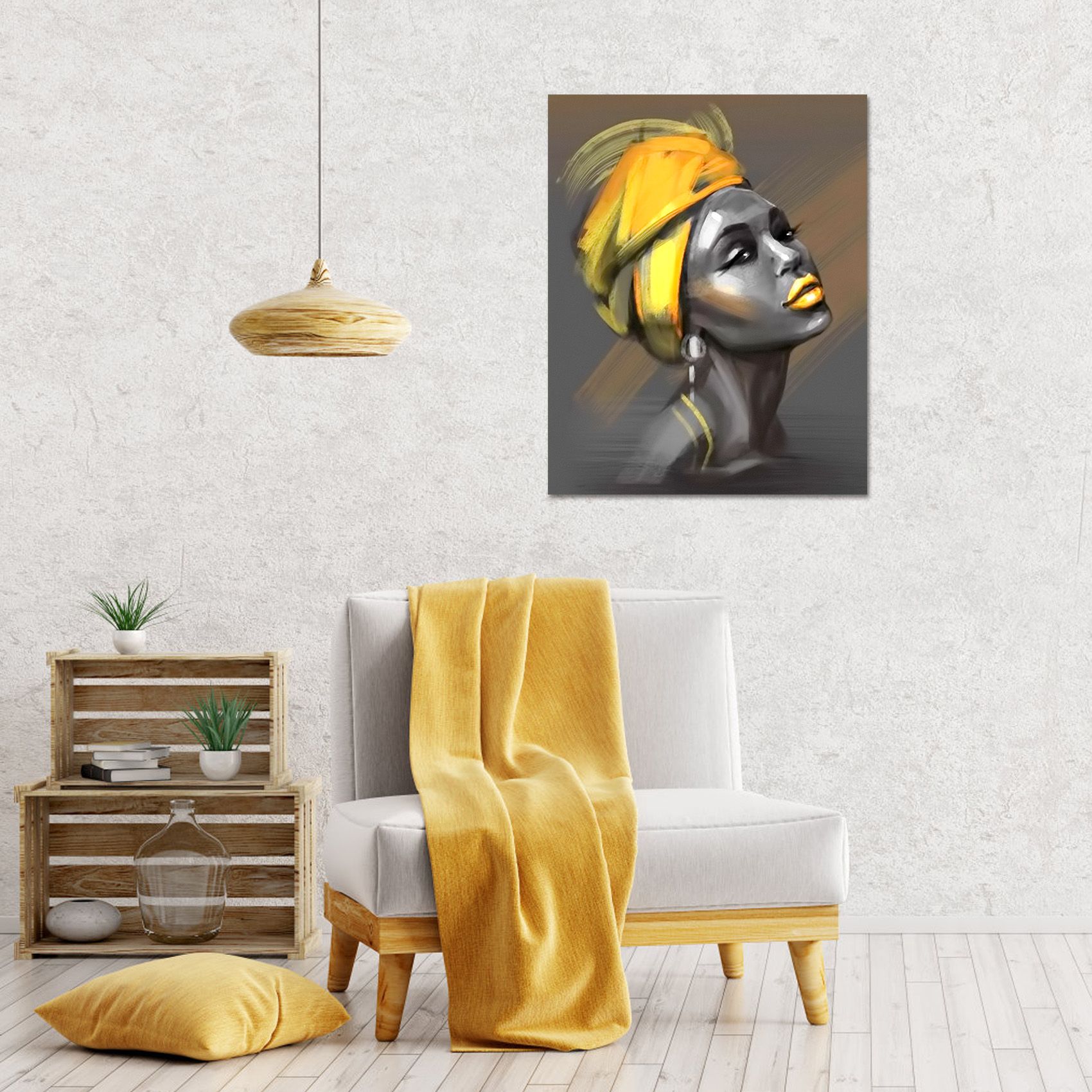 Modern Yellow and Grey Canvas Wall Decor Beautiful Woman with Yellow Turban on Grey Abstract Background Painting Picture for Living Room Bedroom, Ready to Hang, 30X40cm