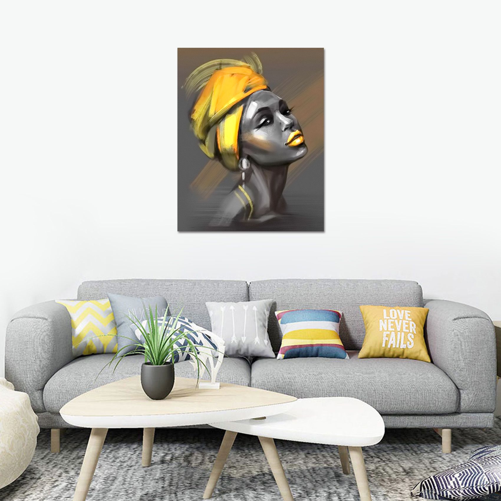 Modern Yellow and Grey Canvas Wall Decor Beautiful Woman with Yellow Turban on Grey Abstract Background Painting Picture for Living Room Bedroom, Ready to Hang, 30X40cm