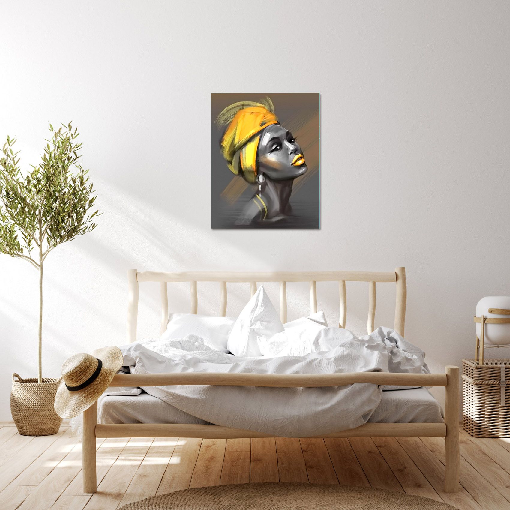 Modern Yellow and Grey Canvas Wall Decor Beautiful Woman with Yellow Turban on Grey Abstract Background Painting Picture for Living Room Bedroom, Ready to Hang, 30X40cm