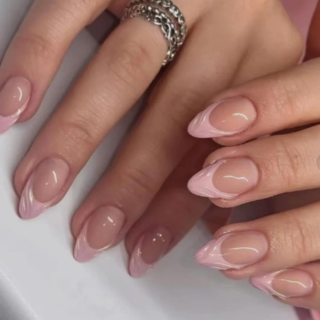 24pcs Luxury French Pink 3D Acrylics Press on Nails Reusable Stick On Nails  Almond shaped  Full Cover False Nail Tips with Glue , Easy to Apply,Long lasting and gives you a salon look on a budget