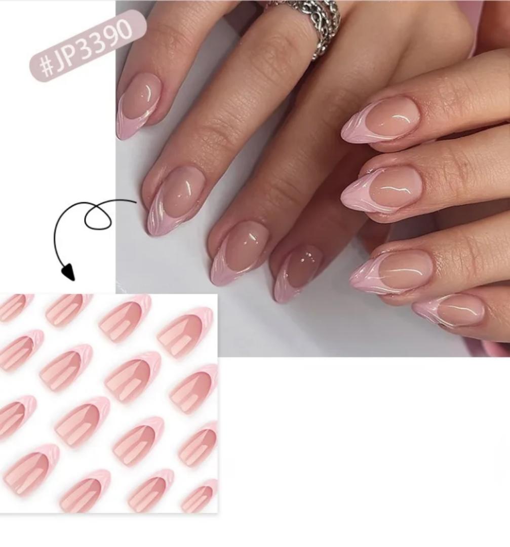 24pcs Luxury French Pink 3D Acrylics Press on Nails Reusable Stick On Nails  Almond shaped  Full Cover False Nail Tips with Glue , Easy to Apply,Long lasting and gives you a salon look on a budget
