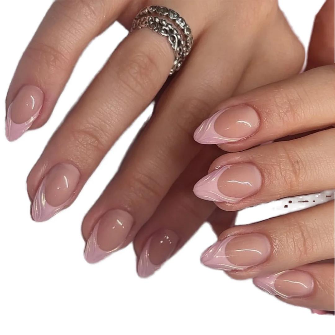 24pcs Luxury French Pink 3D Acrylics Press on Nails Reusable Stick On Nails  Almond shaped  Full Cover False Nail Tips with Glue , Easy to Apply,Long lasting and gives you a salon look on a budget