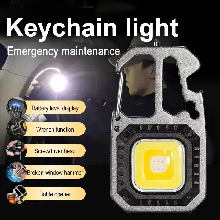COB Keychain Work Light with Battery Display 8Mode Rechargeable High Lumens Portable LED Light for Camping Hiking Running