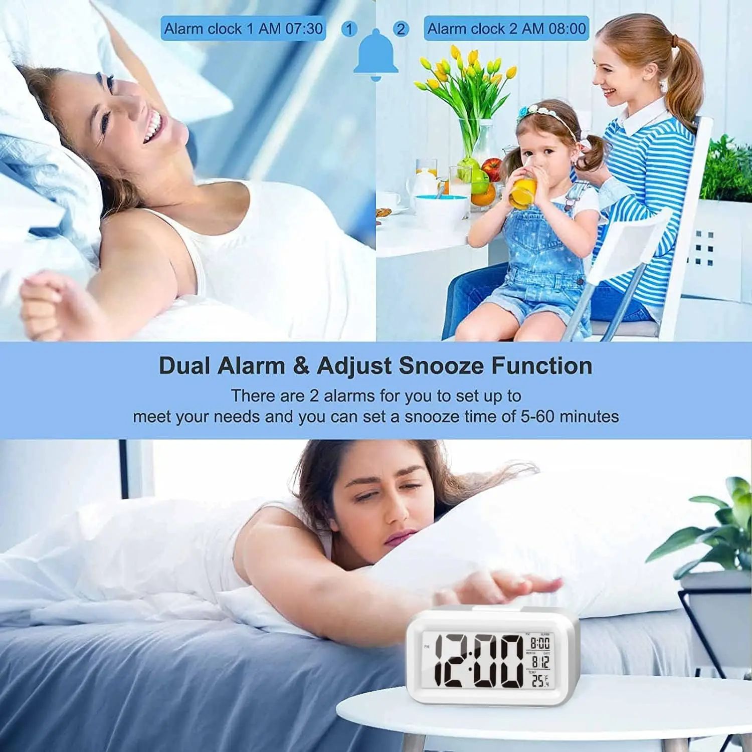 Creative Digital Smart Bell Temperature Snooze Alarm Clock Mute Backlight Electronic Clock