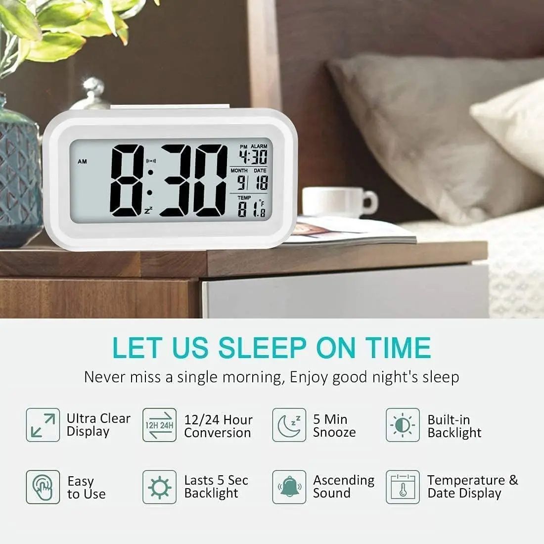 Creative Digital Smart Bell Temperature Snooze Alarm Clock Mute Backlight Electronic Clock