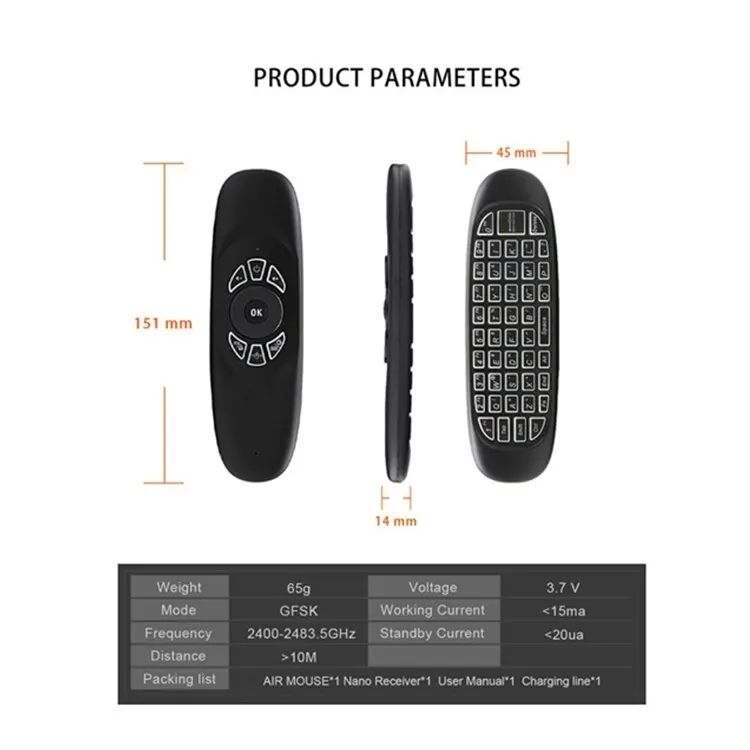 C120 RGB 7 Backlight Fly Air Mouse Gyro Sensor Wireless 2.4G RF Keyboard Remote Control For Gaming Android Smart TV Box