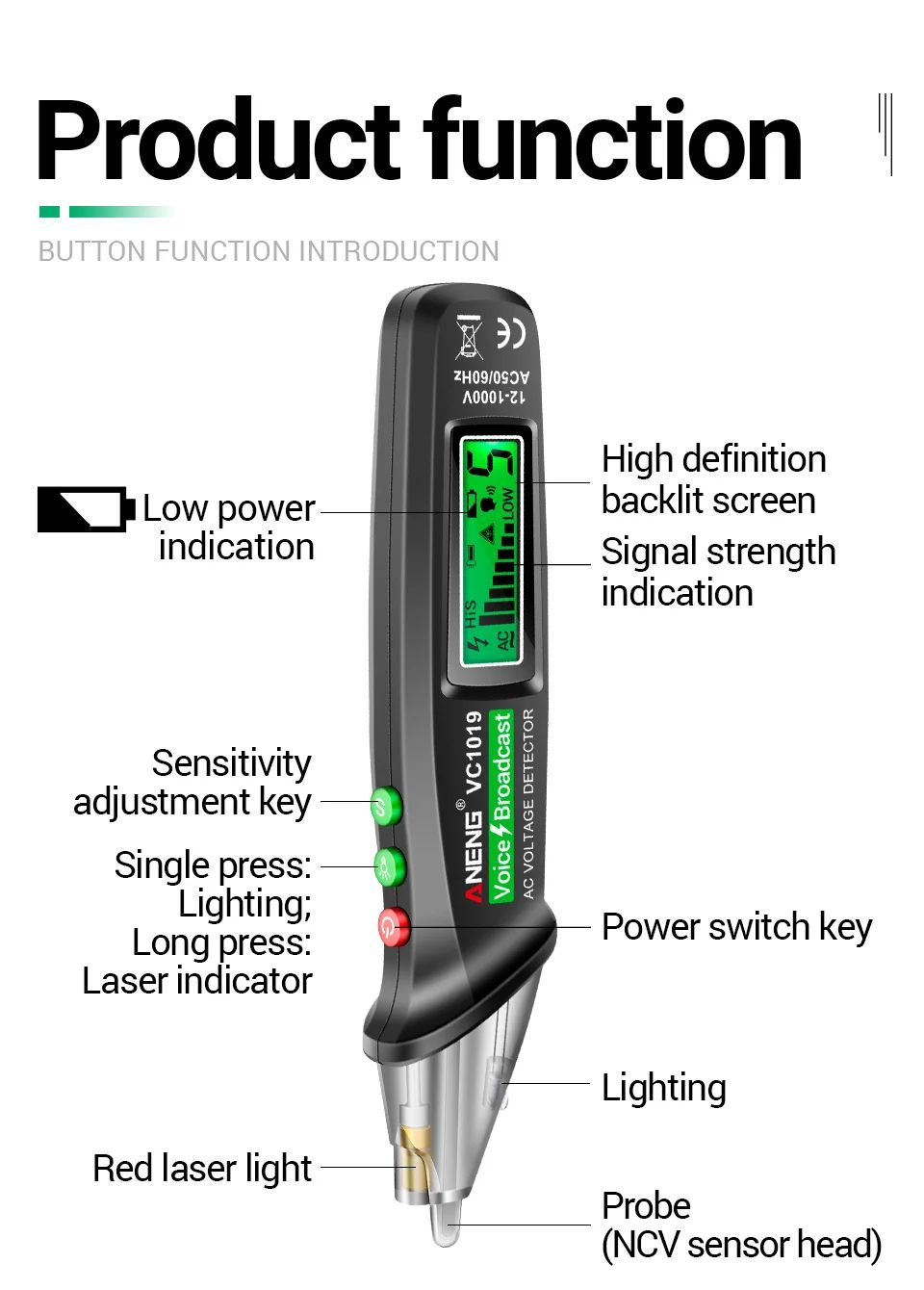 ANENG VC1019 Circuit Breaker Finder with Voice Broadcast and Infrared Sensor Positioning Voltage Tester Electric Wire Detector