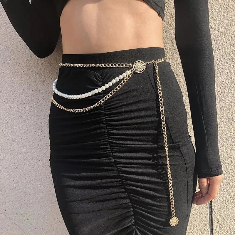 Women Fashion Belt Hip High Waist Gold Silver Narrow Metal Chain Chunky Fringes Crystal Diamond Waist Chain Corset Chain Belt