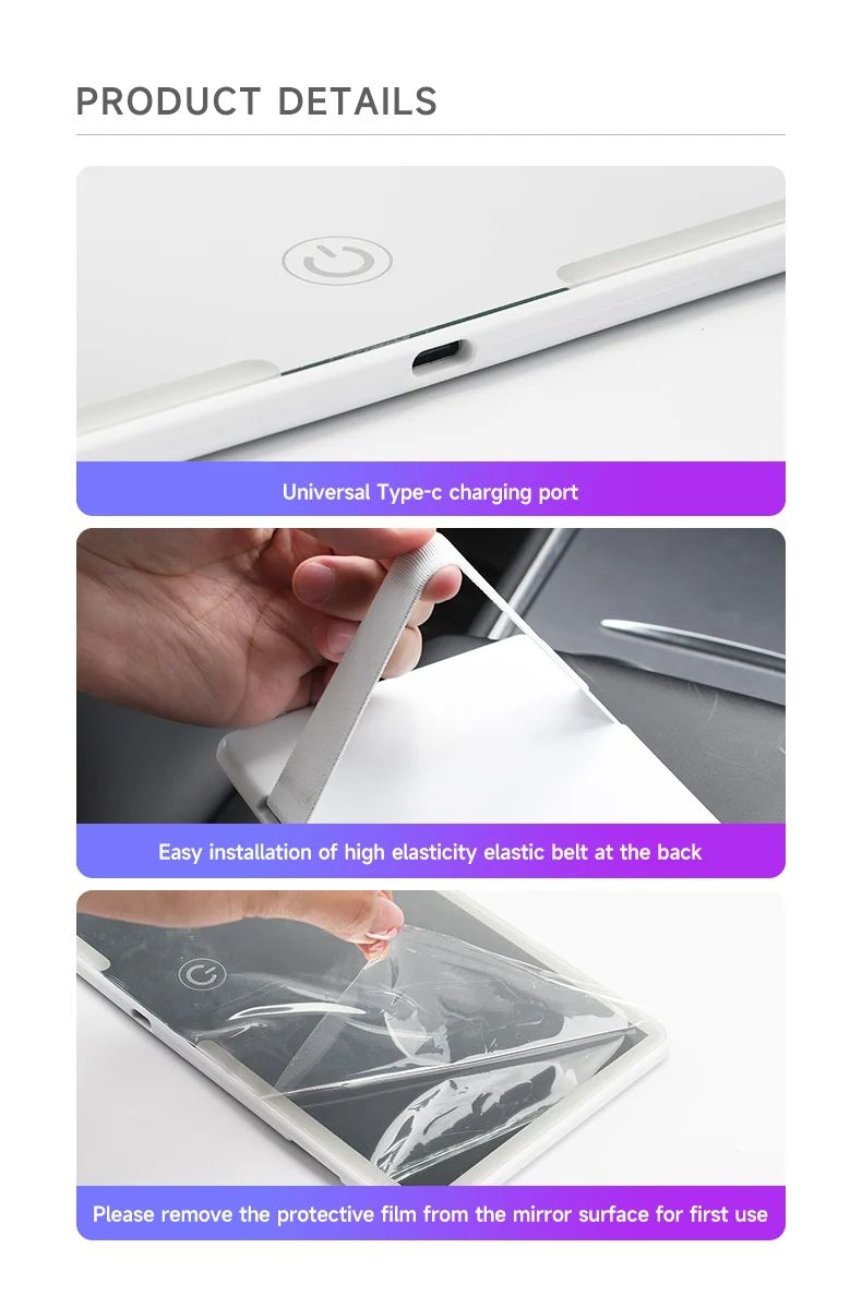 HD Mirror Car LEDMakeup Mirror Three Gear Adjustment Sun Visor Plate Interior RearMirror Dimmable Touchscreen Auto Vanity Mirror