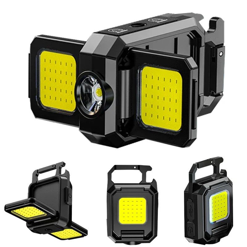 Mini Flashlight Keychain Light COB Work Light USB Rechargeable Lamp with 90° Foldable Side Lights Super Bright Portable Lanterns