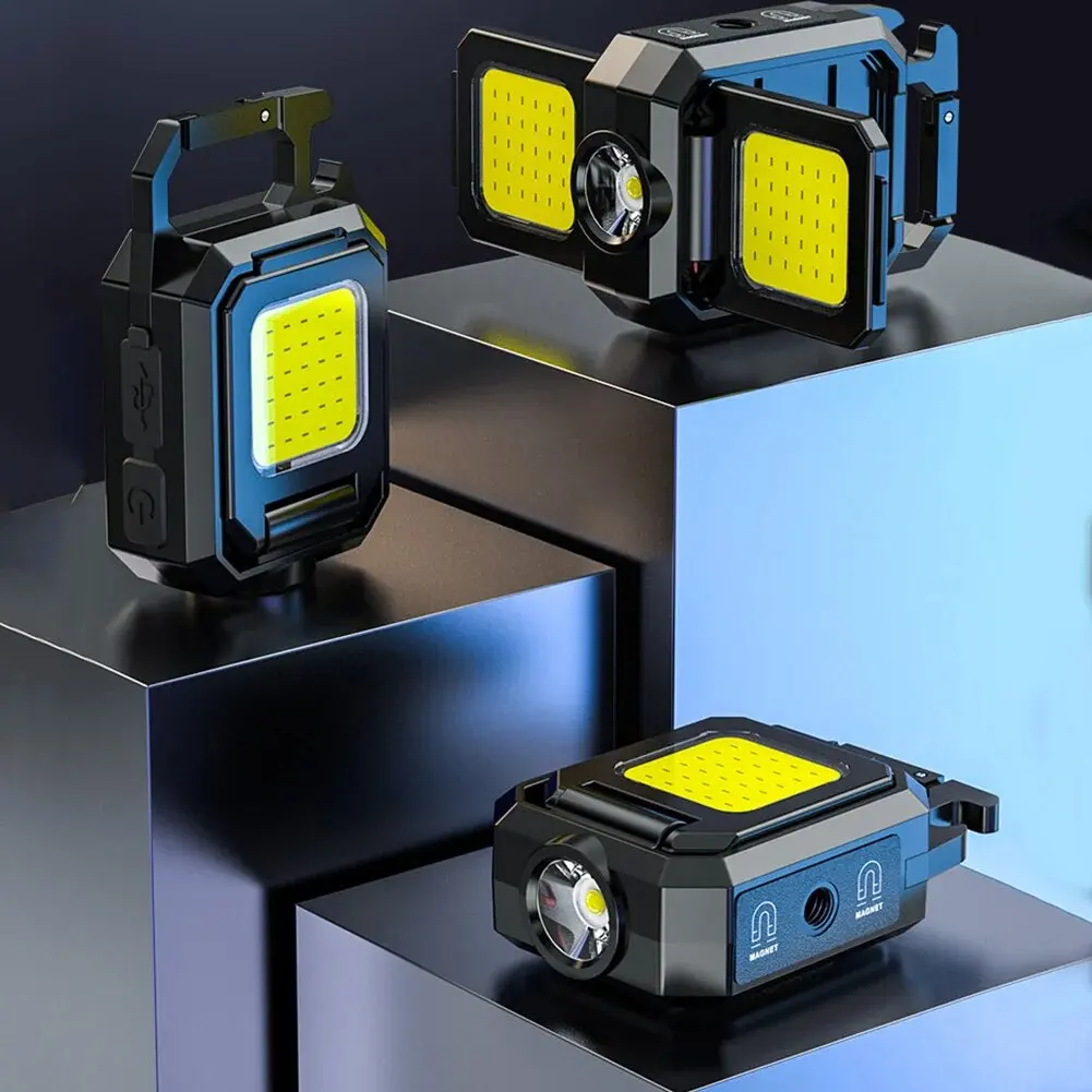Mini Flashlight Keychain Light COB Work Light USB Rechargeable Lamp with 90° Foldable Side Lights Super Bright Portable Lanterns