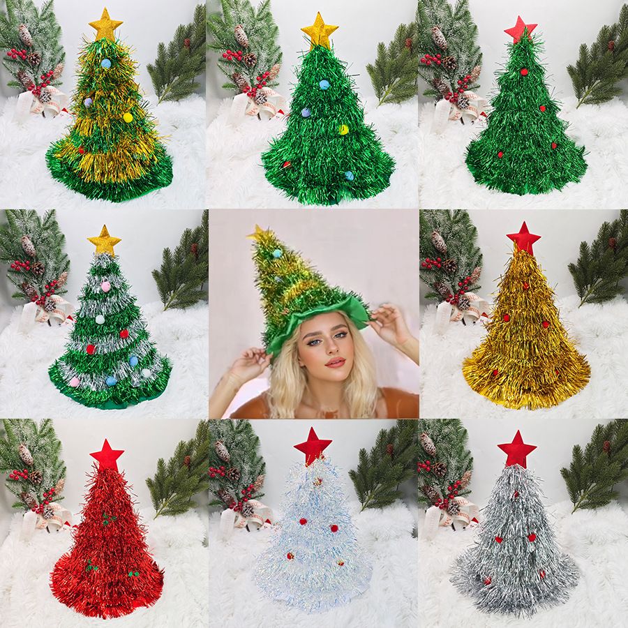 New Creative Christmas Hat Shiny Tinsel Colorful Poms Christmas Themed Hats Clothing Party Role-Playing Home Holiday Party Decor