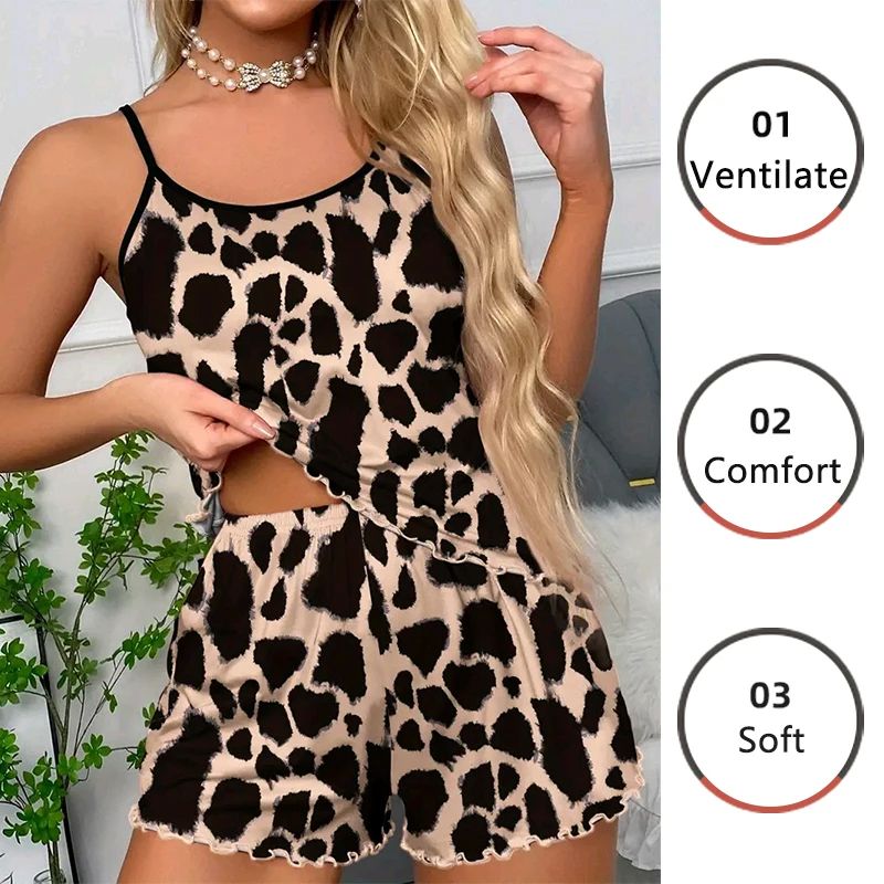 Women Pajamas Sleepwear Pajama Set Nightgowns Camisole And Shorts S M L Khaki Leopard Print Printing Casual Comfortable