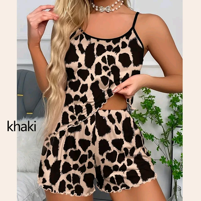 Women Pajamas Sleepwear Pajama Set Nightgowns Camisole And Shorts S M L Khaki Leopard Print Printing Casual Comfortable
