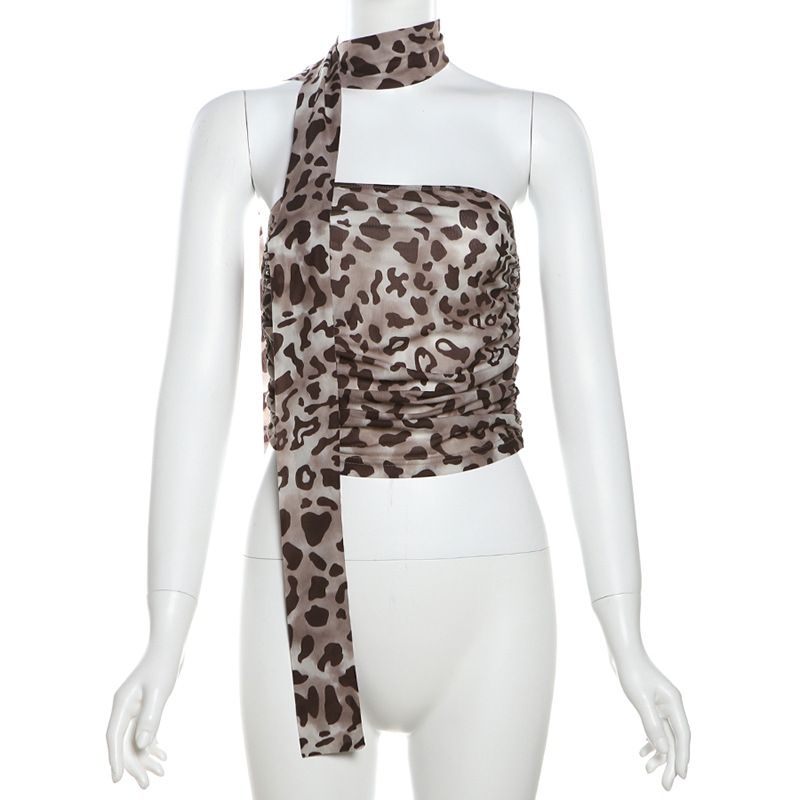 HXAO Leopard Mesh Tops Women Print Halter Top Woman Strapless Backless Top Sexy Lingerie Ladies Summer Top Off Shoulder Crop Top