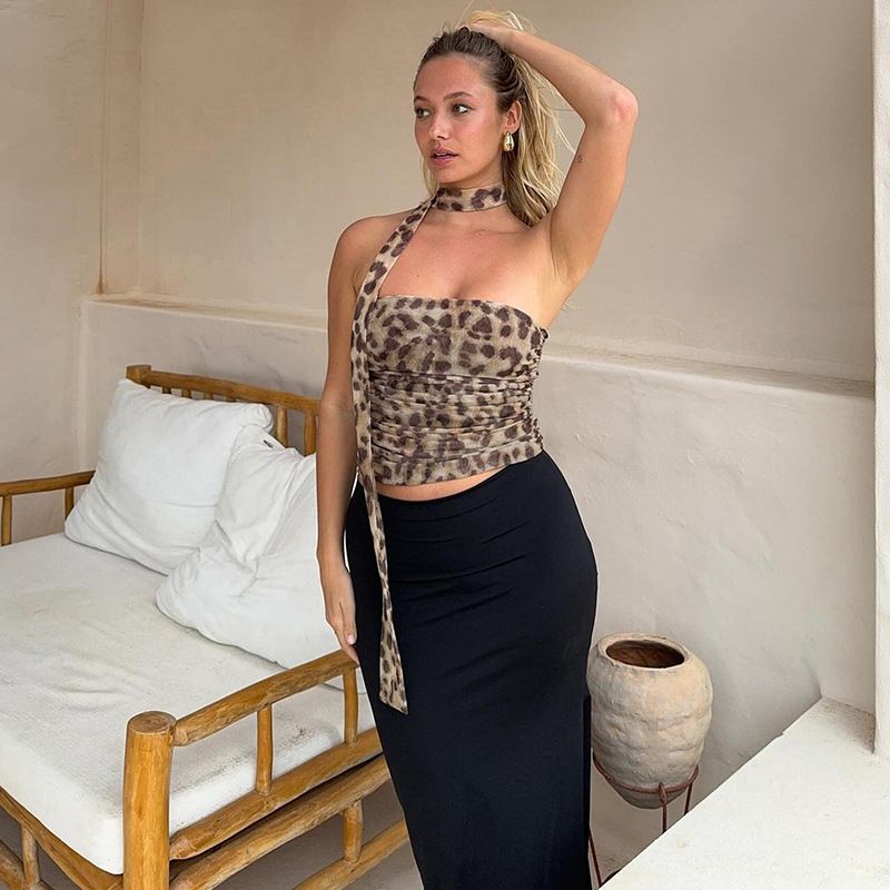 HXAO Leopard Mesh Tops Women Print Halter Top Woman Strapless Backless Top Sexy Lingerie Ladies Summer Top Off Shoulder Crop Top