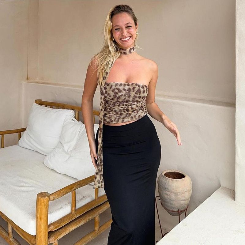 HXAO Leopard Mesh Tops Women Print Halter Top Woman Strapless Backless Top Sexy Lingerie Ladies Summer Top Off Shoulder Crop Top