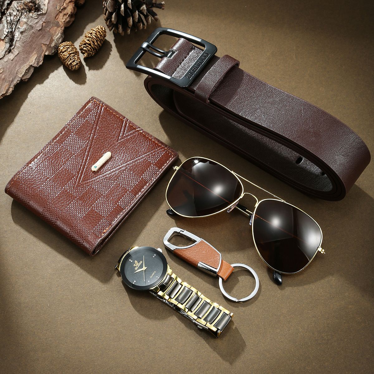 5pcs Set New 2024 Mens Gifts Box Set Casual Quartz Watch Keychain Sunglasses Belt and Wallet Set for Men Boyfriend Dad Husband Gift