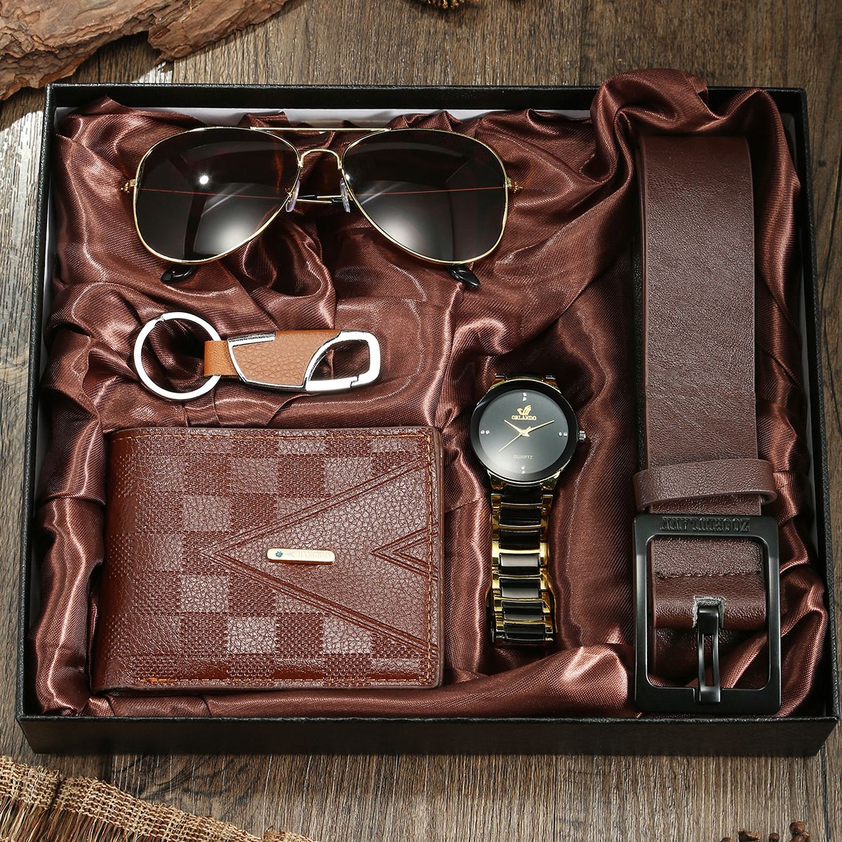 5pcs Set New 2024 Mens Gifts Box Set Casual Quartz Watch Keychain Sunglasses Belt and Wallet Set for Men Boyfriend Dad Husband Gift