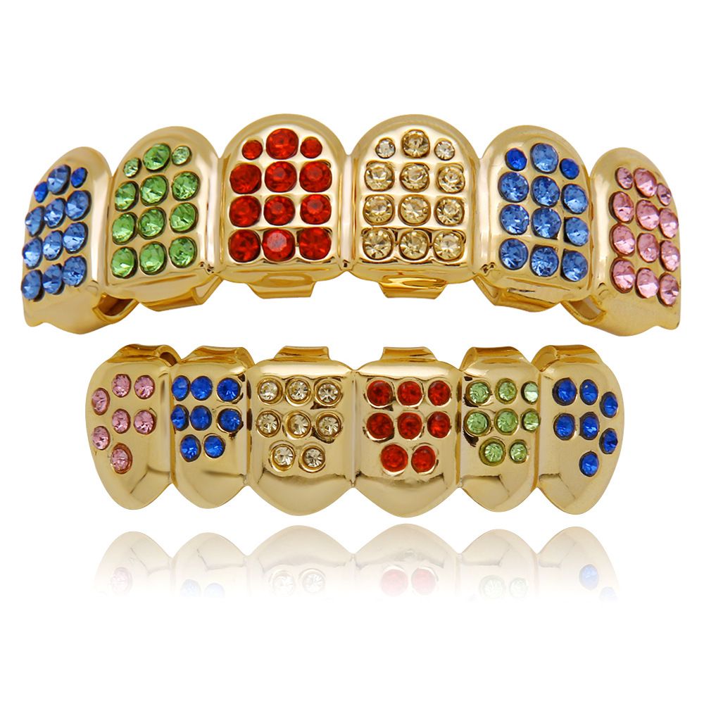 Colorful Crystal Teeth Grillz Top Bottom CZ Gold Grills Dental Hip Hop Halloween Teeth Caps Grill Mouth Body Jewelry