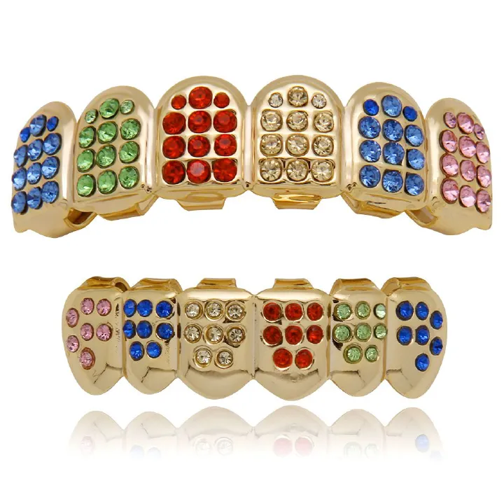 Colorful Crystal Teeth Grillz Top Bottom CZ Gold Grills Dental Hip Hop Halloween Teeth Caps Grill Mouth Body Jewelry