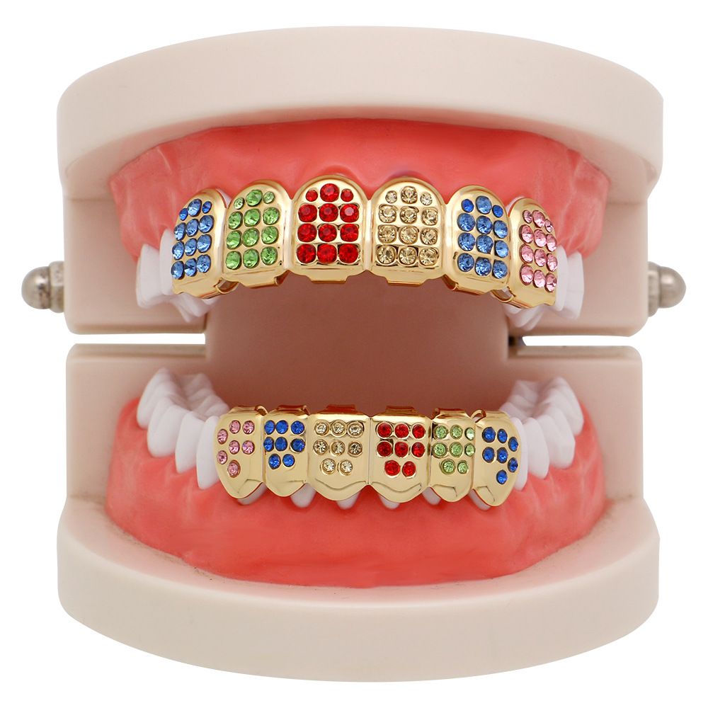 Colorful Crystal Teeth Grillz Top Bottom CZ Gold Grills Dental Hip Hop Halloween Teeth Caps Grill Mouth Body Jewelry