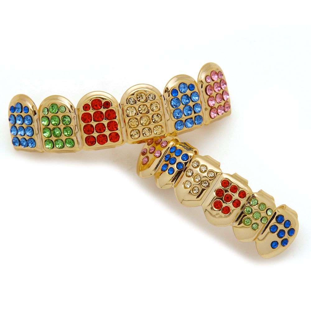 Colorful Crystal Teeth Grillz Top Bottom CZ Gold Grills Dental Hip Hop Halloween Teeth Caps Grill Mouth Body Jewelry