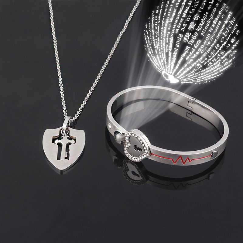 Couple Lovers Jewelry Love Heart Lock Bracelet Stainless Steel Bangles Key Pendant Necklace