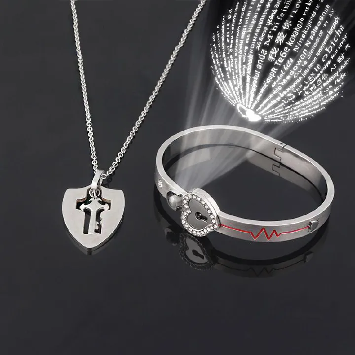 Couple Lovers Jewelry Love Heart Lock Bracelet Stainless Steel Bangles Key Pendant Necklace